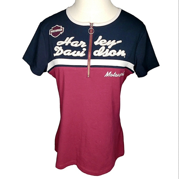 Harley Davidson Quarter Zip Colorblock Embroidered Applique Patch Hog Tee - Picture 1 of 12